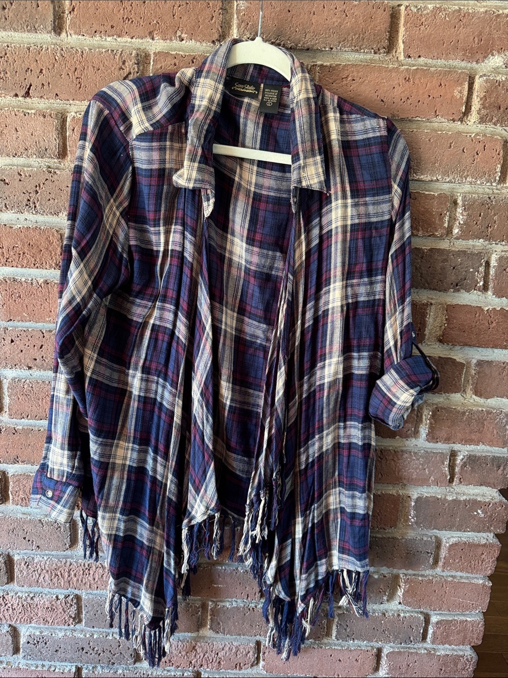 Women’s Plaid Fringe Open Front Cardigan- Blue/Burgundy